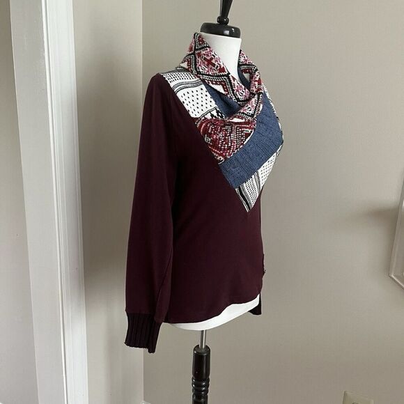 Desigual Patchwork Shawl Neck Pullover Sweater S Burgundy Cottagecore - Picture 9 of 16